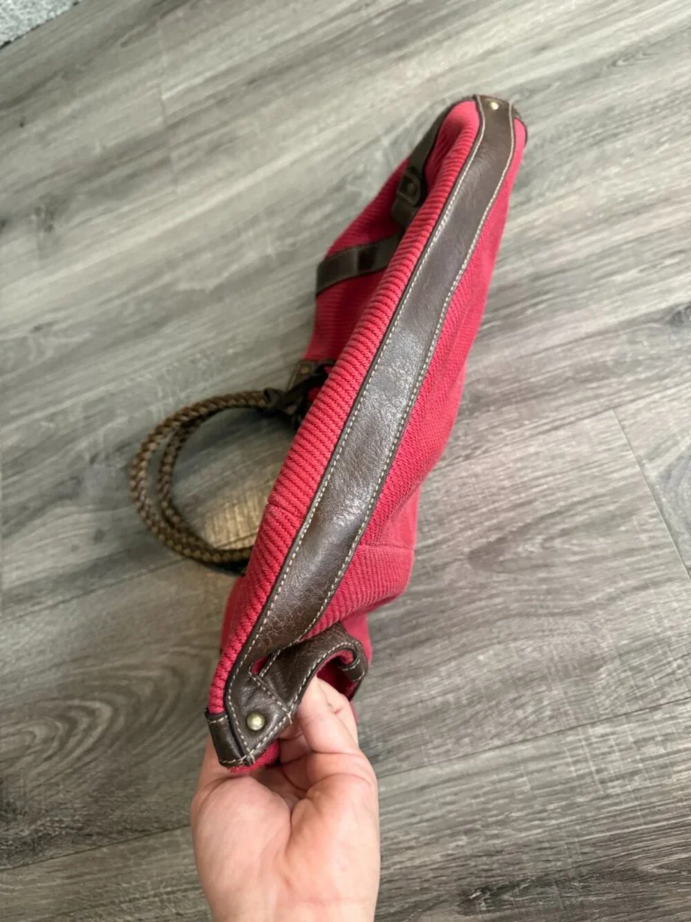 Fossil Textured Canvas Braided Leather Red Brown Hobo Purse